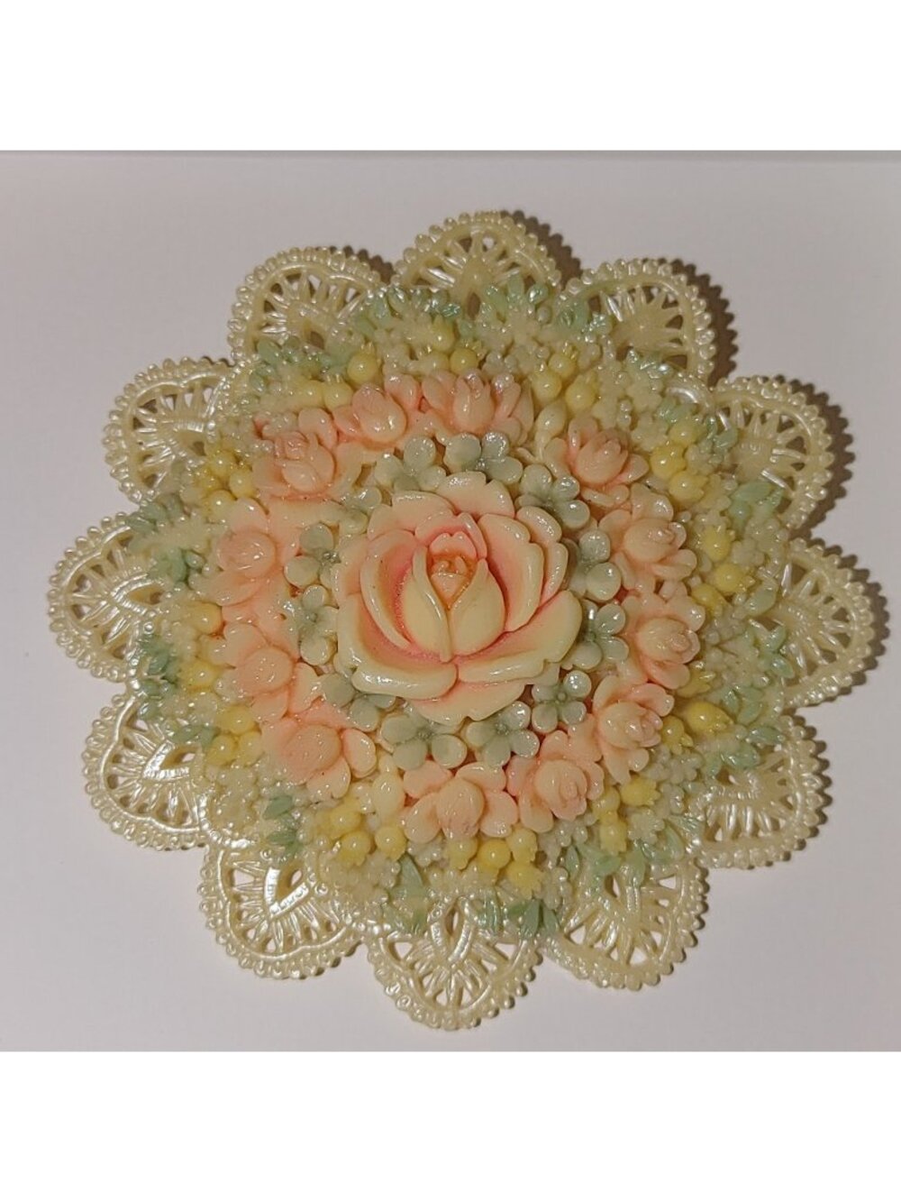 Celluloid Brooch Pin Lacy Carved Floral Bouquet Vintage Pastel Rose Centerpiece